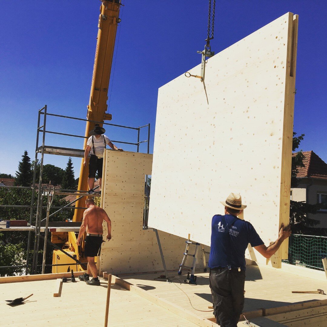 und ab in die Position, pr&auml;zise, wie eh und jeh 🔨 🏡 Holz100 Haus in der Entstehung

#wall #wand #woodwork #carpenter #woodwall #fullwood #woodhouse #holz100 #holzbau #holzhaus #holz100brandenburg #thomapartner #thomahaus #holz100haus #vollholz