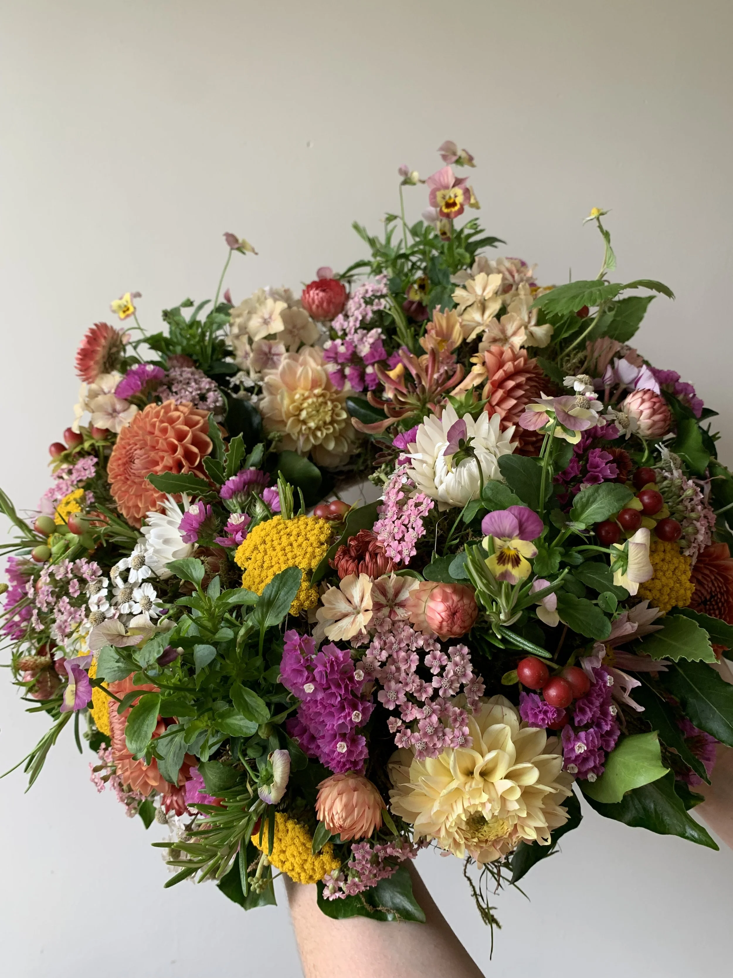 Devon funeral flowers memorial wreath natural and brightly coloured a sustainable way to say goodbye