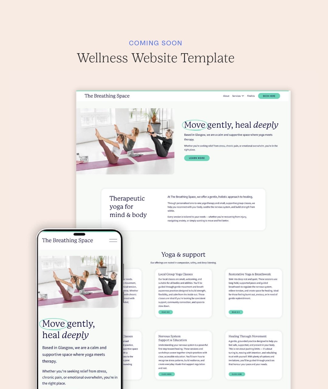 Coming Soon! I'm working on finalising this website template designed with wellness businesses in mind - if you are a yoga teacher, therapist, counsellor or acupuncturist, this template could be perfect.

It will be for sale to customise yourself or 
