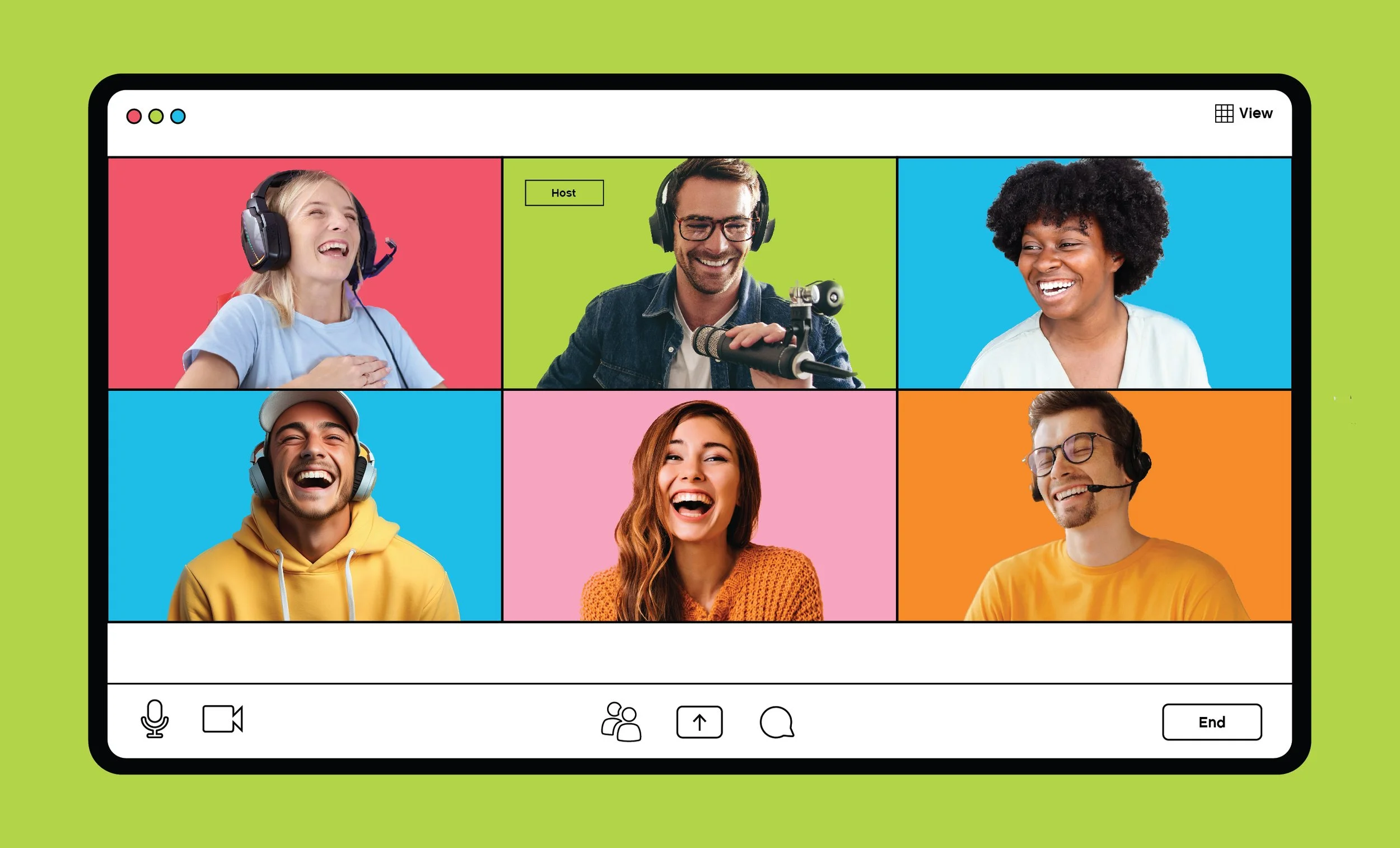 A virtual video call interface with six smiling people wearing headsets. Each person is in a separate box with different colorful backgrounds, including pink, green, blue, and orange.