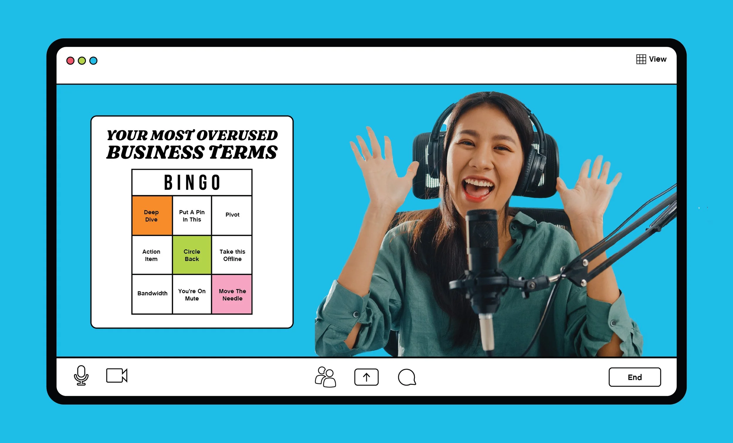 Young woman with headphones and microphone smiling during a video call with a bingo card displaying overused business terms such as 'Deep Dive,' 'Circle Back,' and 'You're On Mute.' Background is blue.
