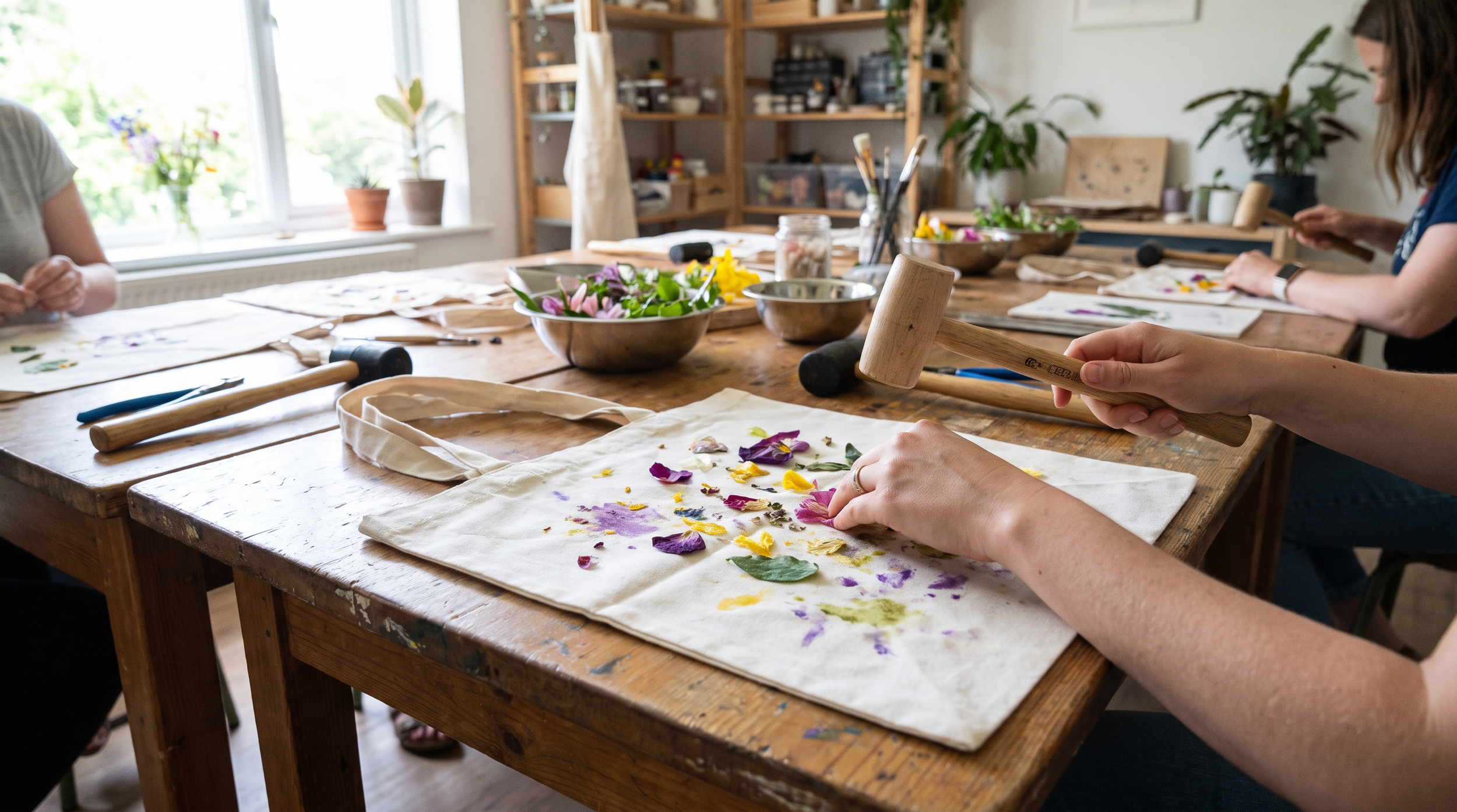 Flowers pressed onto tote bag creating vibrant fabric art in a rustic workshop.png