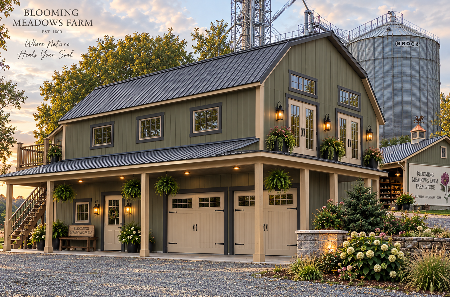 Barn exterior rendering with Historic Green siding, Sandalwood posts, Burnished Slate roof, and beige doors.
