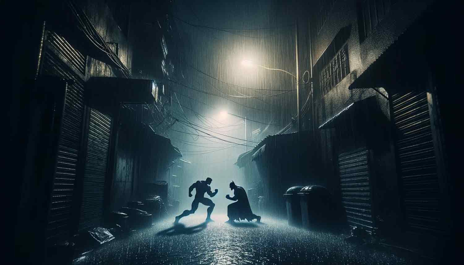 two superheros fighting in the rain