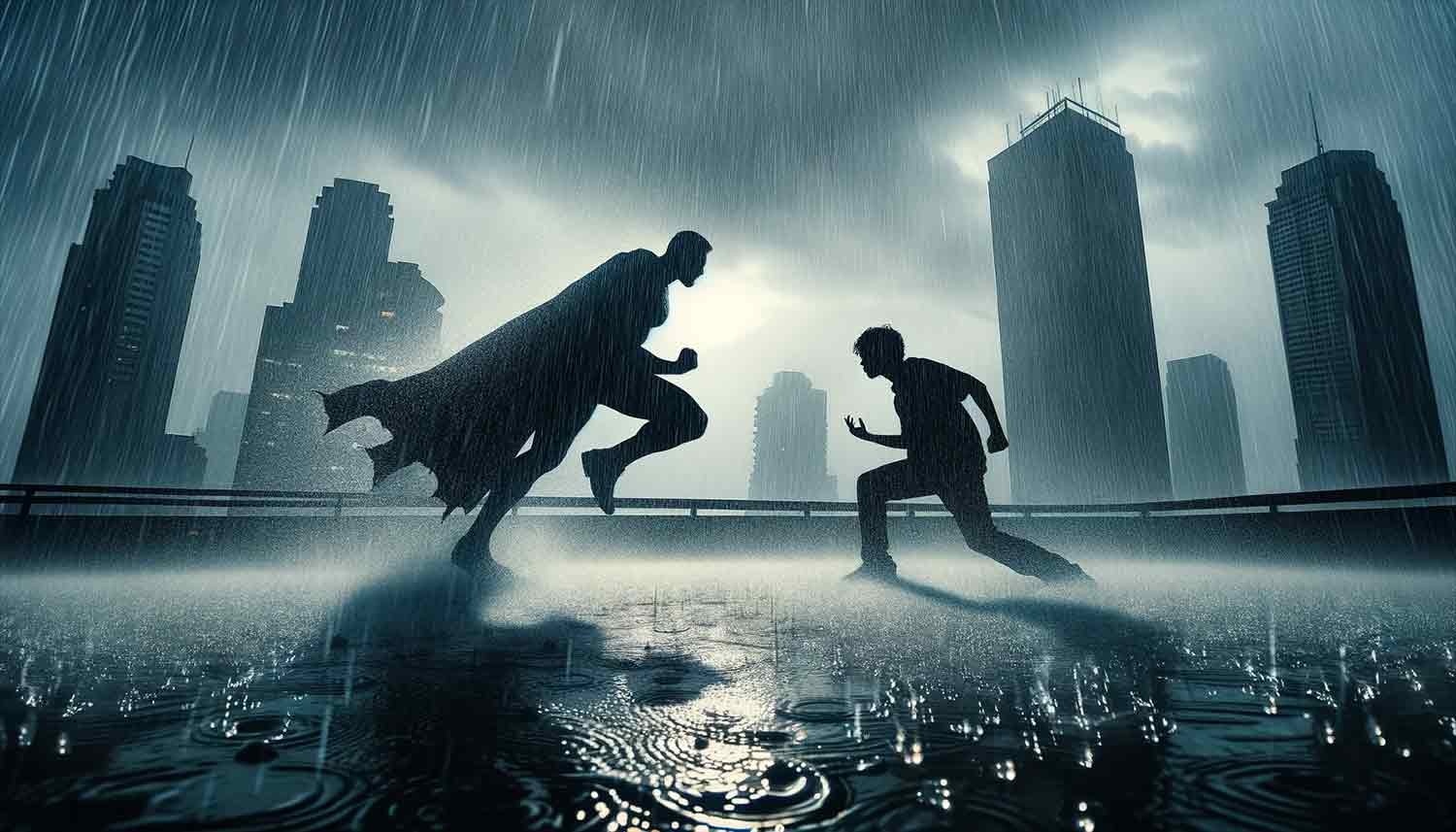 Superhero fighting enemy in the rain