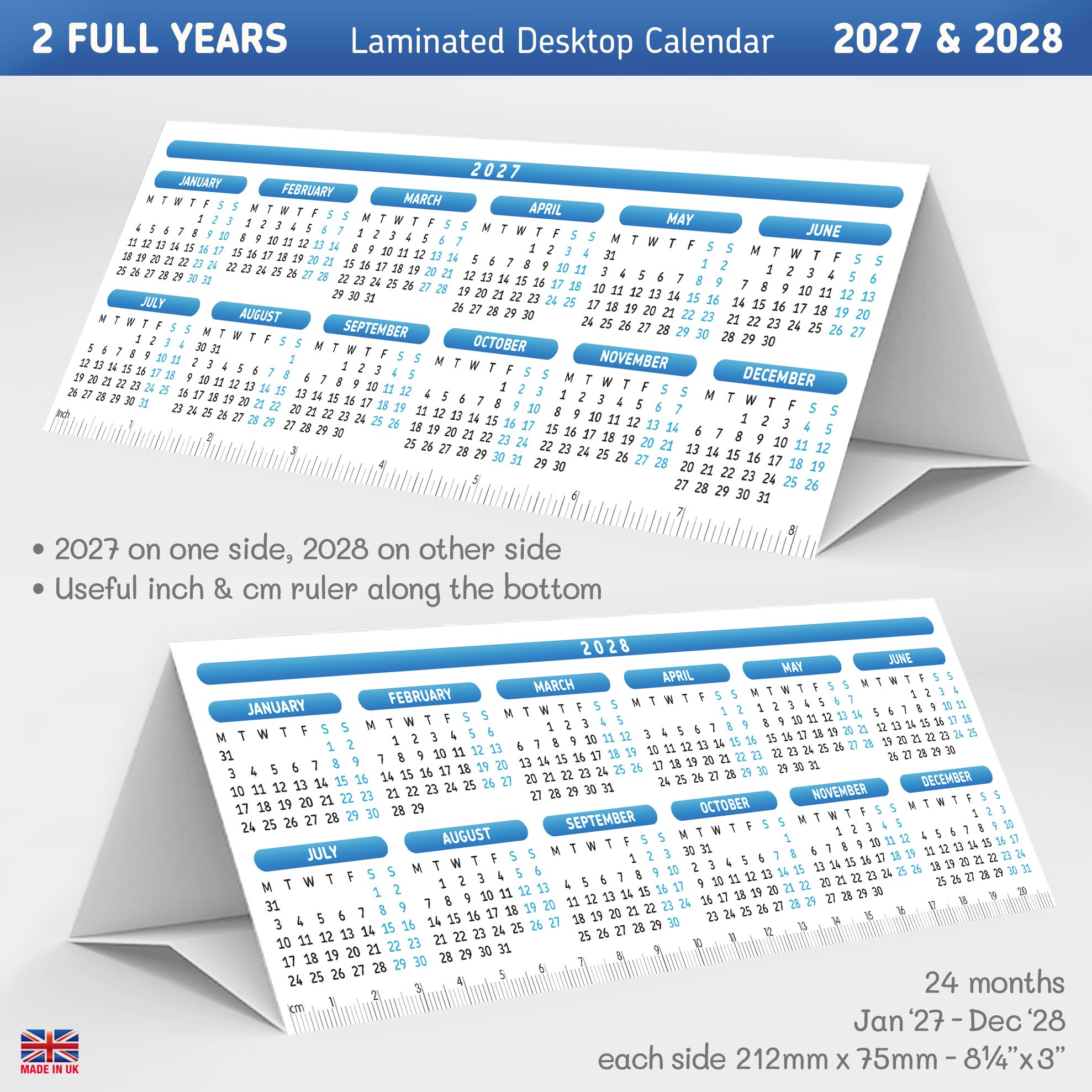 2027 & 2028 Desktop Calendar Tabletop Planner StandUp Tent Card 2years LAMINATED