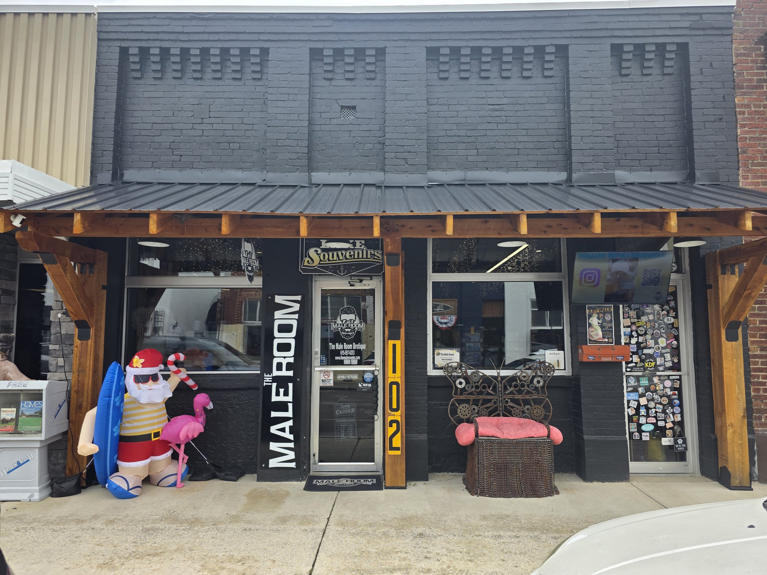 The Male Room Brotique original storefront exterior on West Main Street in historic downtown Smithville, Tennessee.