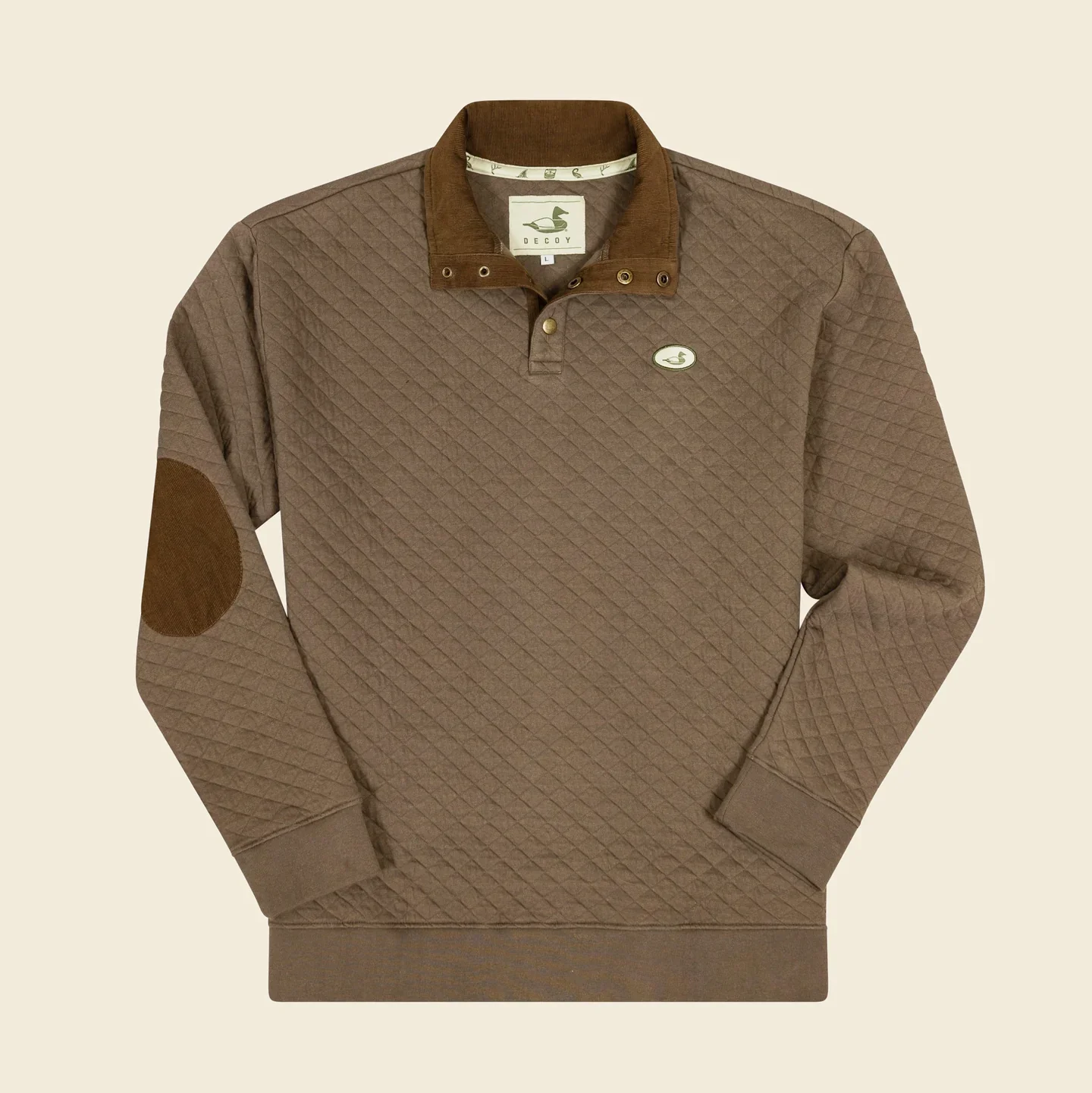 Decoy Tryon quilted henley pullover in earth brown with contrast elbow patches and corduroy collar