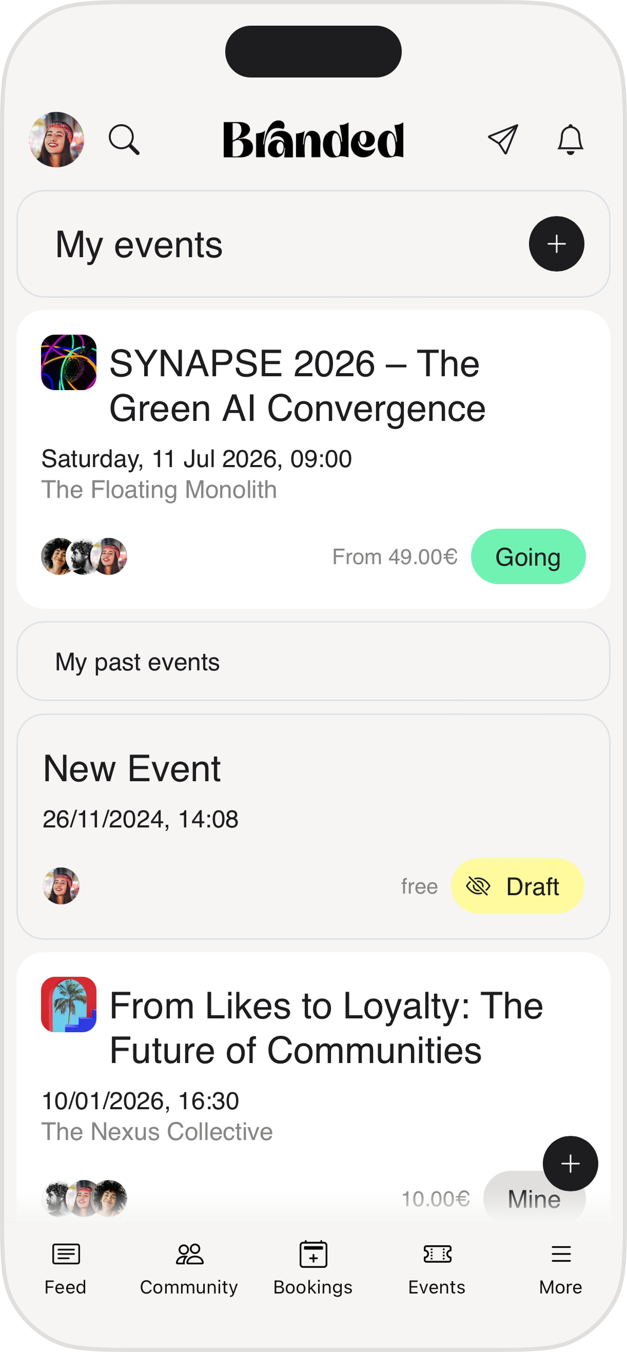 Mobile app interface of upcoming events, past events, and a bottom menu with options for Feed, Community, Bookings, Events, and More.