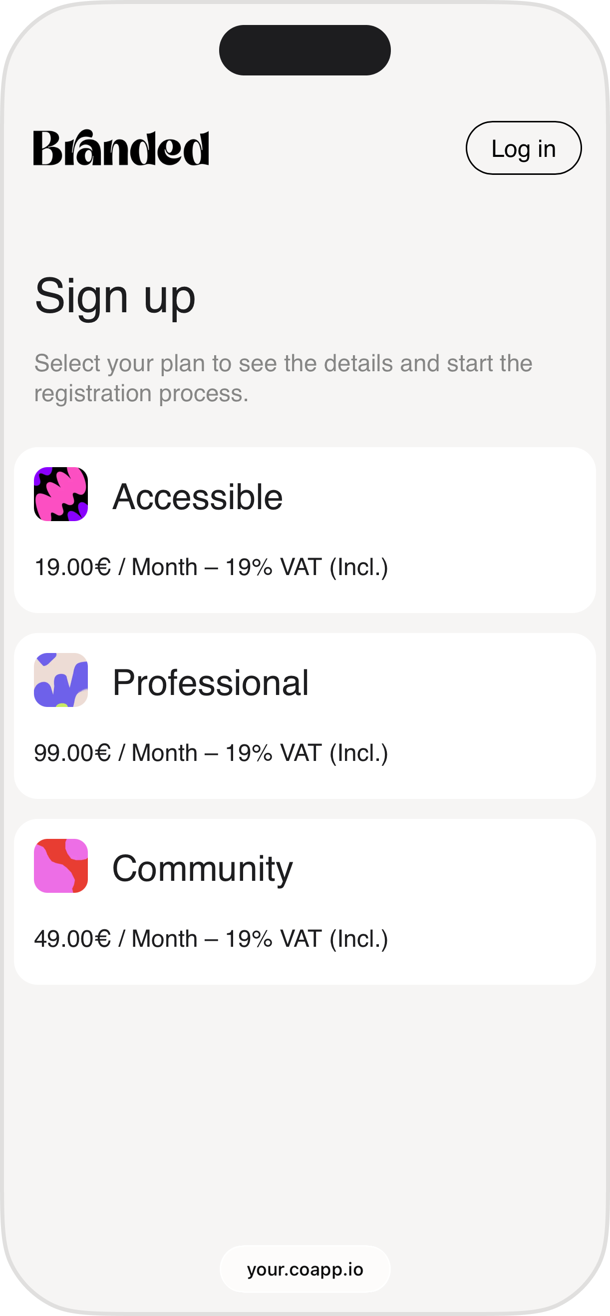 Mobile app sign-up screen with plans labeled Accessible, Professional, and Community, each with monthly prices and VAT inclusion.
