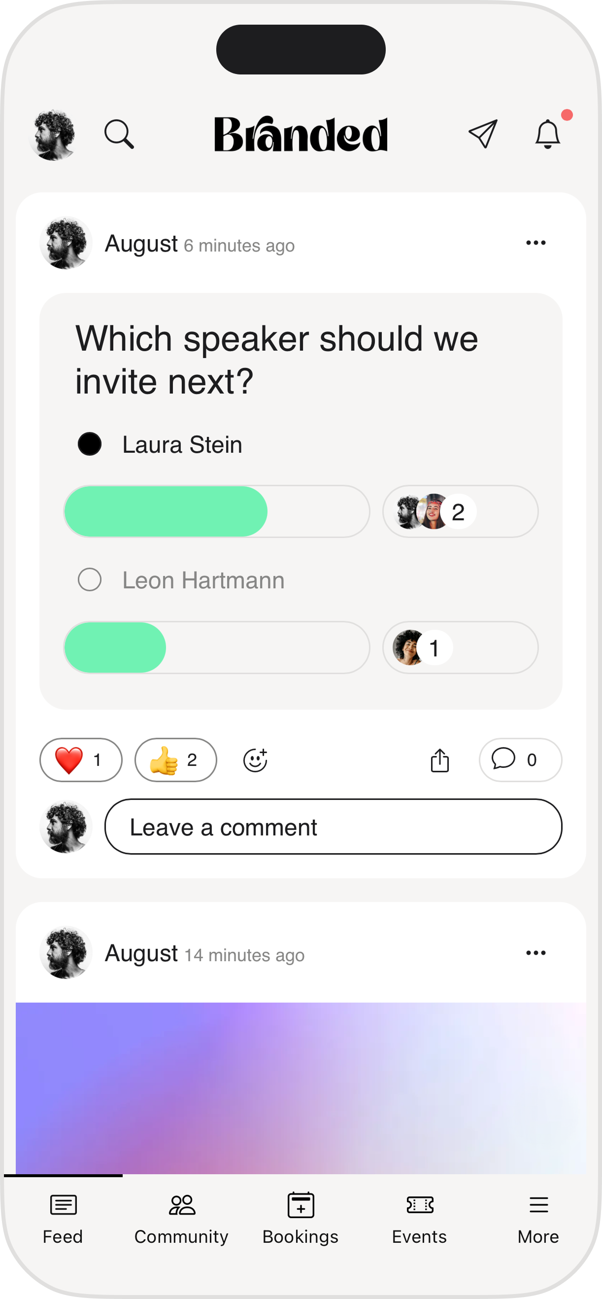 Mobile app interface showing a poll about inviting the next speaker, with options for Laura Stein and Leon Hartmann, and emojis for reactions at the bottom.