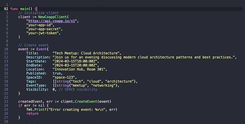 Screenshot of a code editor displaying a Go programming language script for creating a tech meetup event about cloud architecture, including event details such as title, description, start and end date, location, tags, and event type.