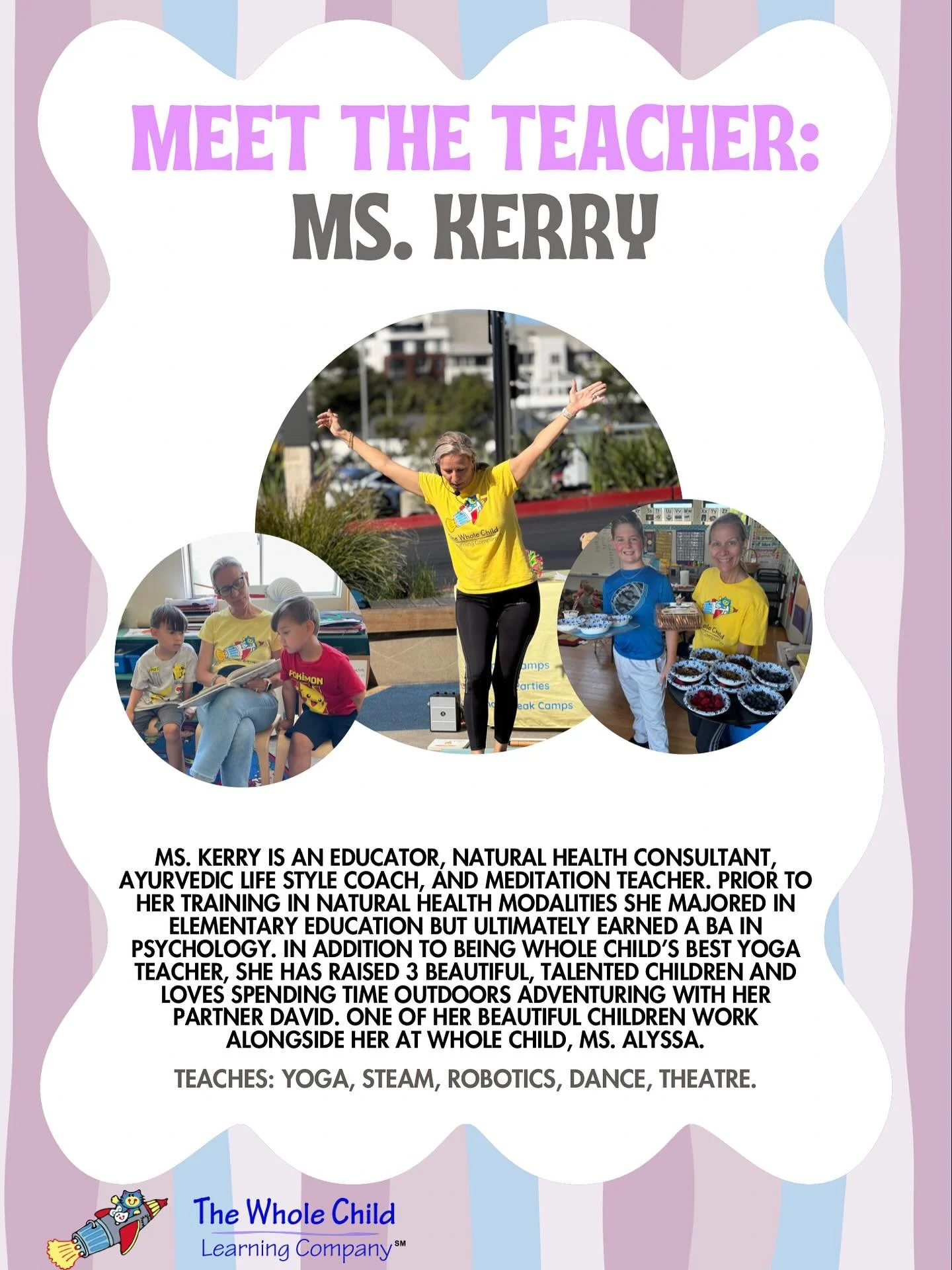Our first of the “Meet the Teacher” series…Ms. Kerry! She is a big leader in the Whole Child community and brings great energy anywhere she goes. 
If you’ve had Ms. Kerry at your school, comment “Namaste!”