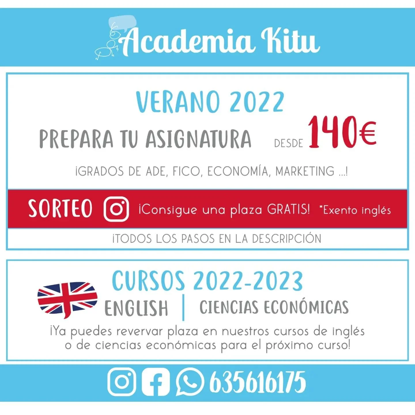 SORTEO🍀🤩 consigue una plaza gratis en uno de nuestros cursos de verano 2022 ☀️☀️☀️
*exento ingl&eacute;s.

&iquest;Como puedes participar? 
⤵️⤵️⤵️

1️⃣😊S&iacute;guenos en nuestra cuenta @Academia_Kitu 
2️⃣🔊Comparte esta publicaci&oacute;n en tus 