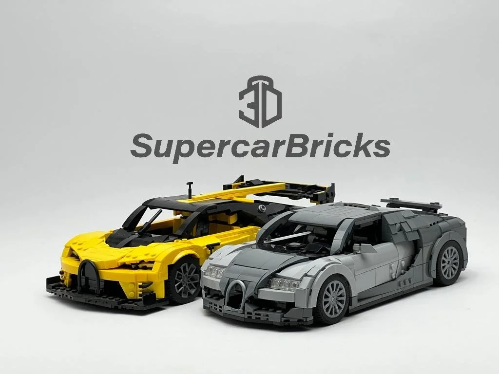 Two LEGO models of luxury sports cars, one yellow and black, the other gray and black, placed on a plain surface with the SupercarBricks logo above.