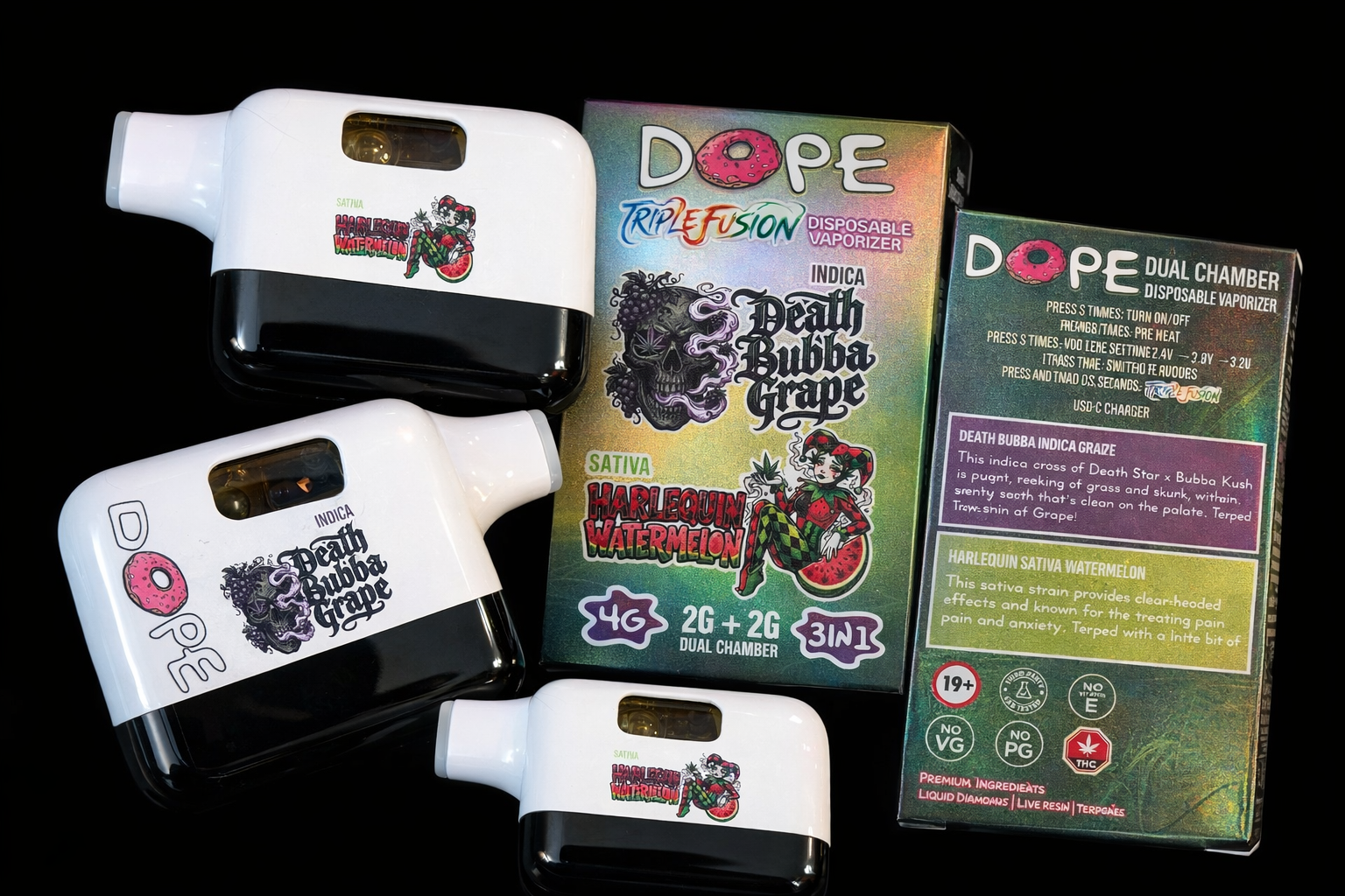 DOPE 4G VAPES - DEATH BUBBA GRAPE & HARLEQUIN WATERMELON (NEW & IMPROVED)