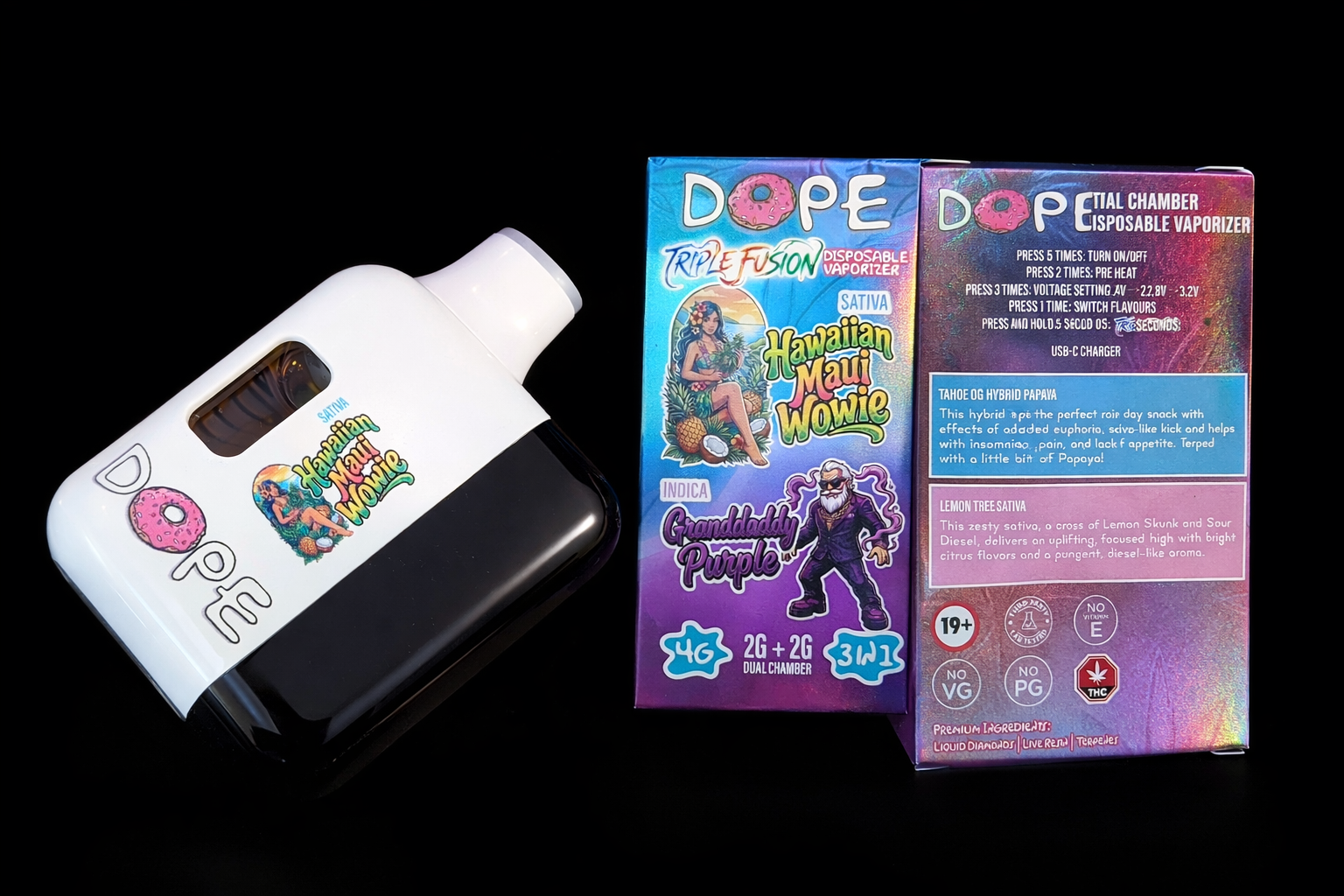 DOPE 4G VAPES - HAWAIIAN MAUI WOWIE & GRANDDADDY PURPLE (NEW & IMPROVED)