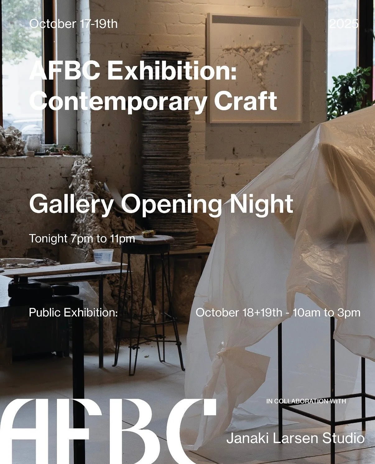 AFBC Exhibition Contemporary Craft
We are excited to welcome a sold out crowd to the launch of the Contemporary Craft Exhibition tonight from 7pm-11pm in collaboration with @janakilarsen 
The entrance to the event is now from the large wooden doors