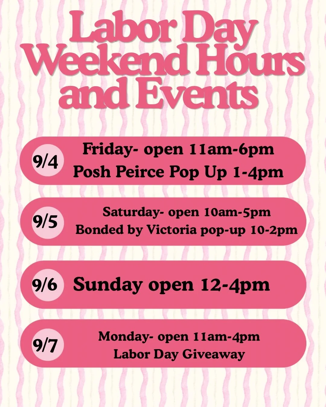 🎀 Labor Day Weekend  plans? We&rsquo;ve got you covered! 🎀

Stop in this weekend to shop and check out some of the amazing pop ups and giveaways we are offering this weekend! 

Grab your girls and make a day of it! 💗

This Monday we will be open 1
