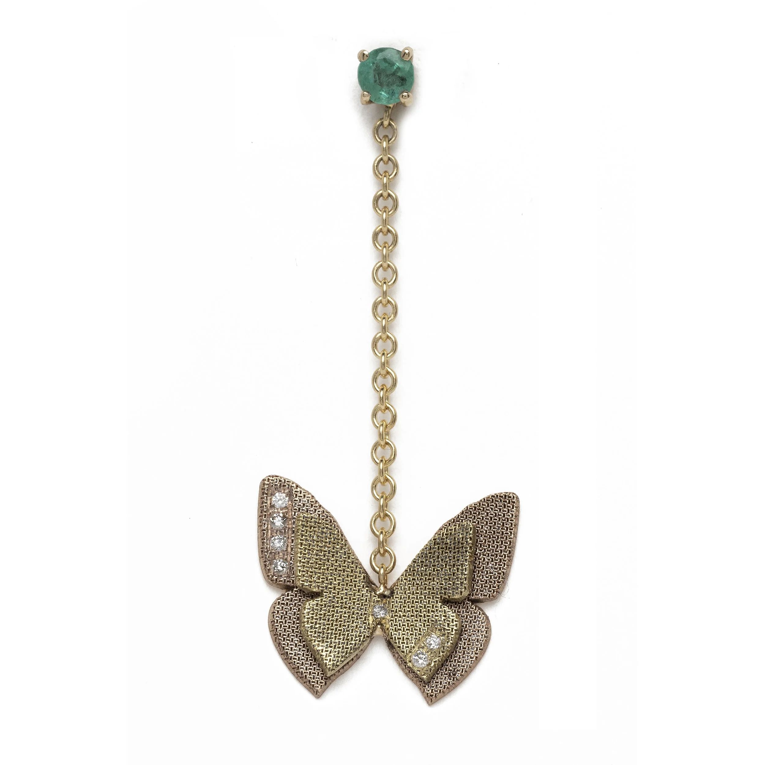  18k rose and yellow gold butterfly emerald drop earring 
