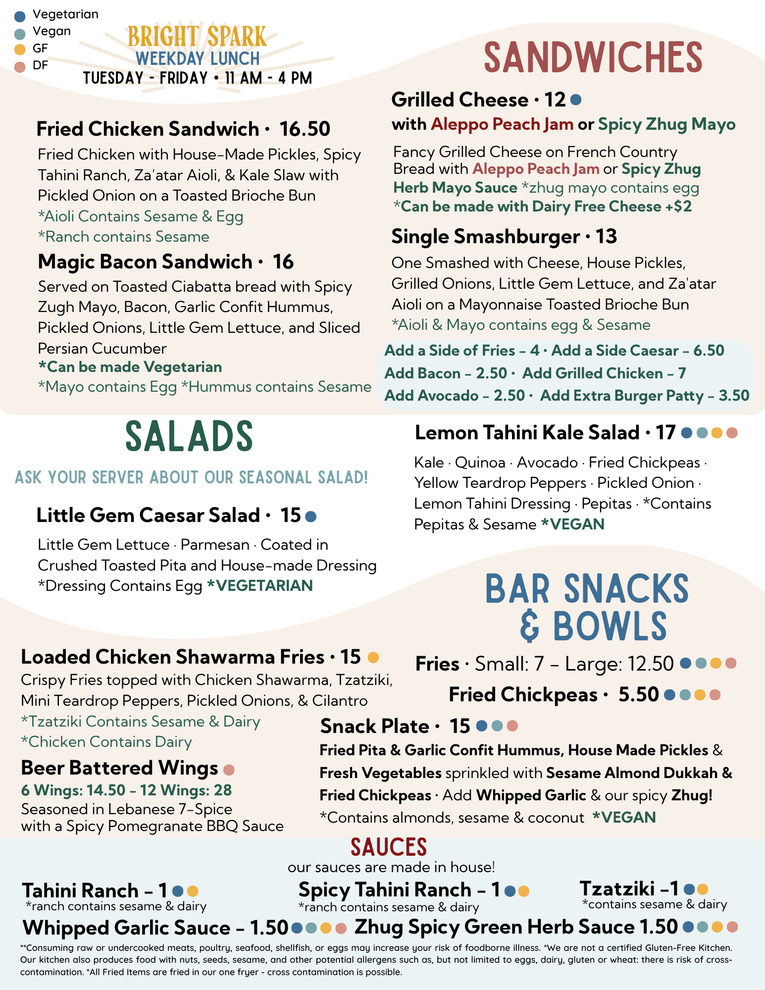 Bright Spark Lunch Menu - Best Local Lunch in the Maker's District