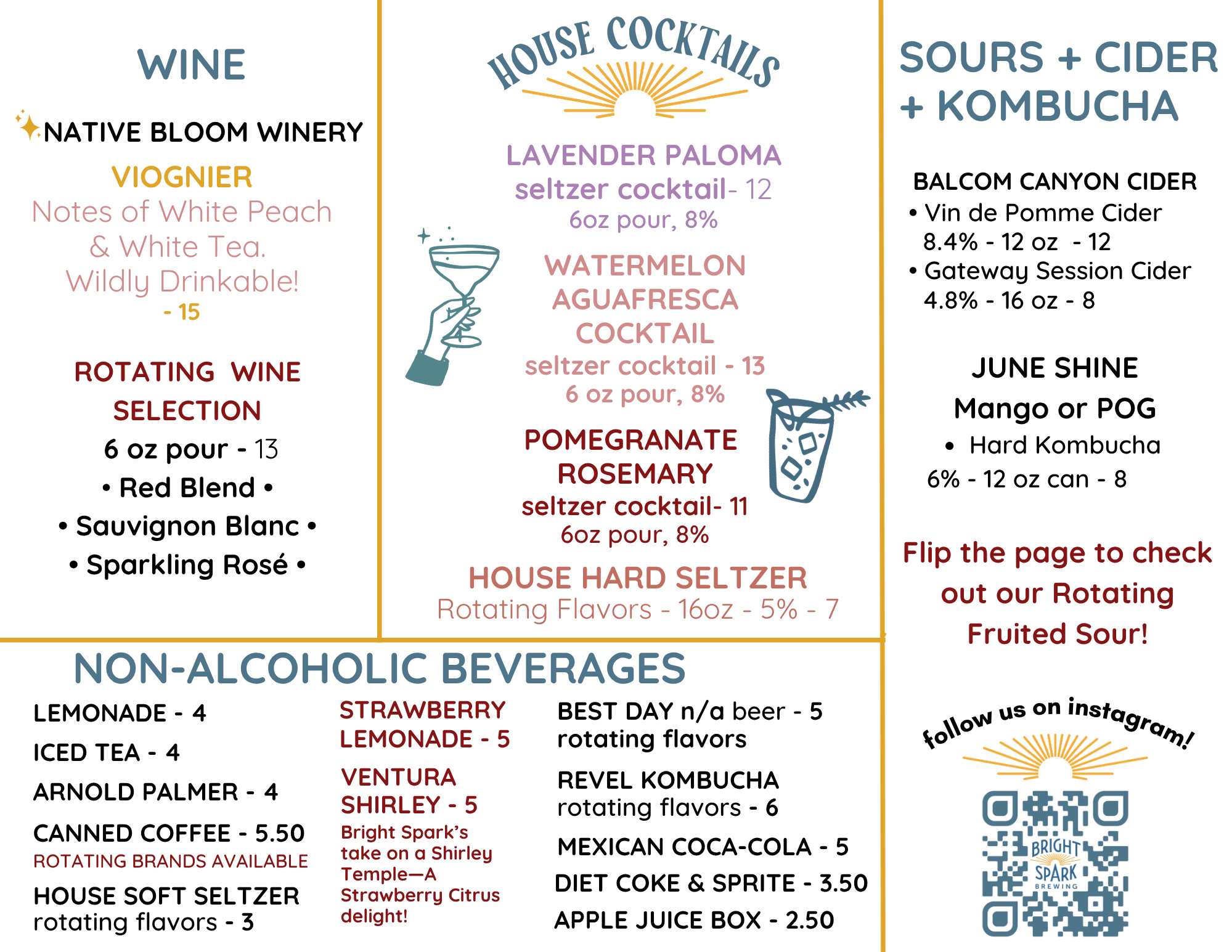 Bright Spark Brewing of Ventura, California, offering Wine, Cider, Kombucha, Cocktails, Soda, and House Made Lemonade & Iced Tea