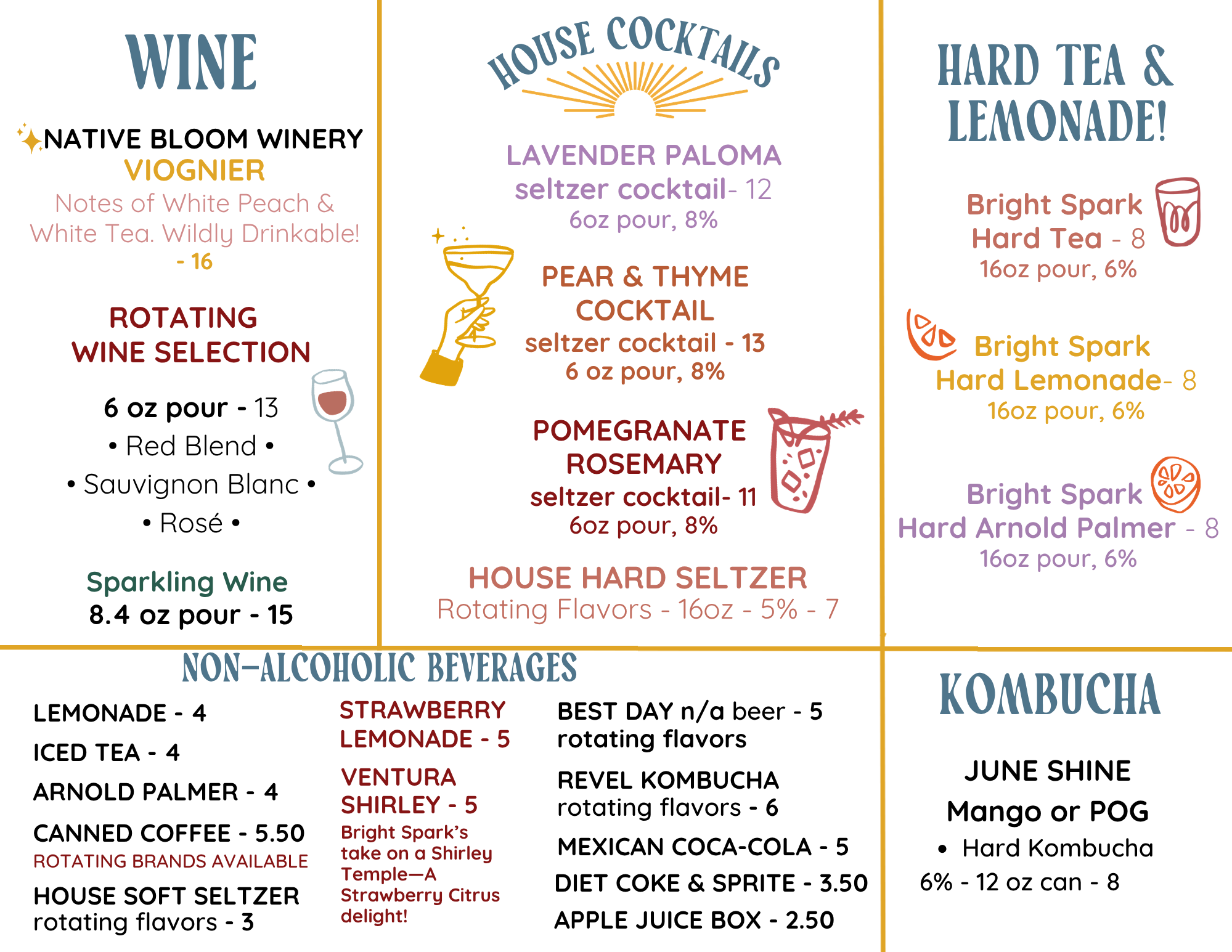 Bright Spark Wine, Beer, Seltzer, Cocktail, Hard Tea Menu