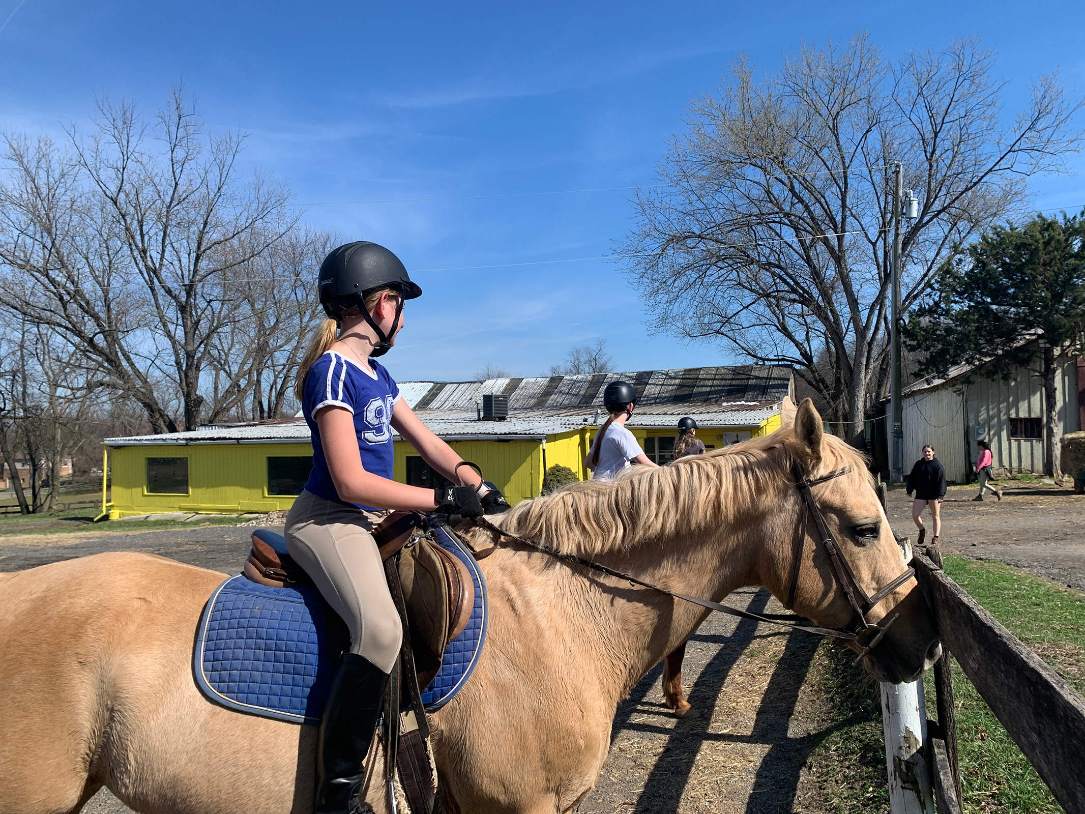 A young girl in a blue shirt and riding helmet sits on a light brown horse with a blue saddle blanket, holding the reins. She is outdoors with leafless trees, a yellow building, and other people riding horses in the background on a sunny day.
