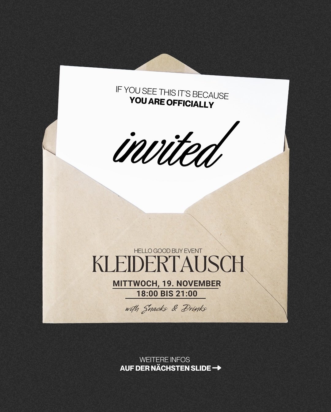 Tauschen statt Kaufen♻️
🗓 19.11.2025
⏰ 18&ndash;21 Uhr
📍 Obernstra&szlig;e 22-24 Hello Good Buy Store

Du hast Teile im Schrank, die du nie tr&auml;gst? Dann bring sie mit! 👚
Bei unserer Kleidertauschparty k&ouml;nnt ihr bis zu 20 eigene Kleidungs