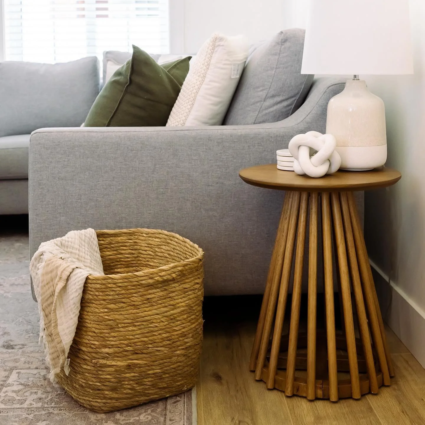 GET ORGANIZED We love a woven storage basket. It provides a stylish spot to discard towels and dirty laundry in the bathroom or you can keep similar baskets around your home for a quick place to stash toys and other unsightly items before company arr