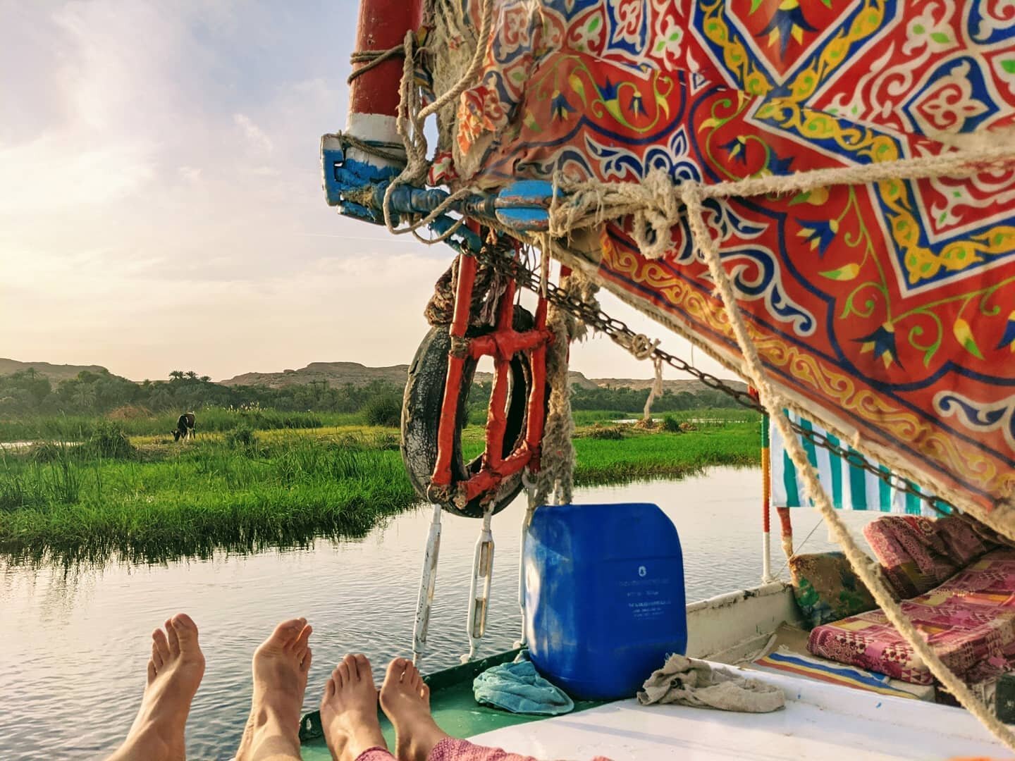 Views Along the Nile - Once in your life, sail down the Nile on a traditional Egyptian felucca sailboat!

You spend your day relaxing on a large mattress, shielded by a sunroof, feeling the gentle warm air caress you, listening to the river lap again