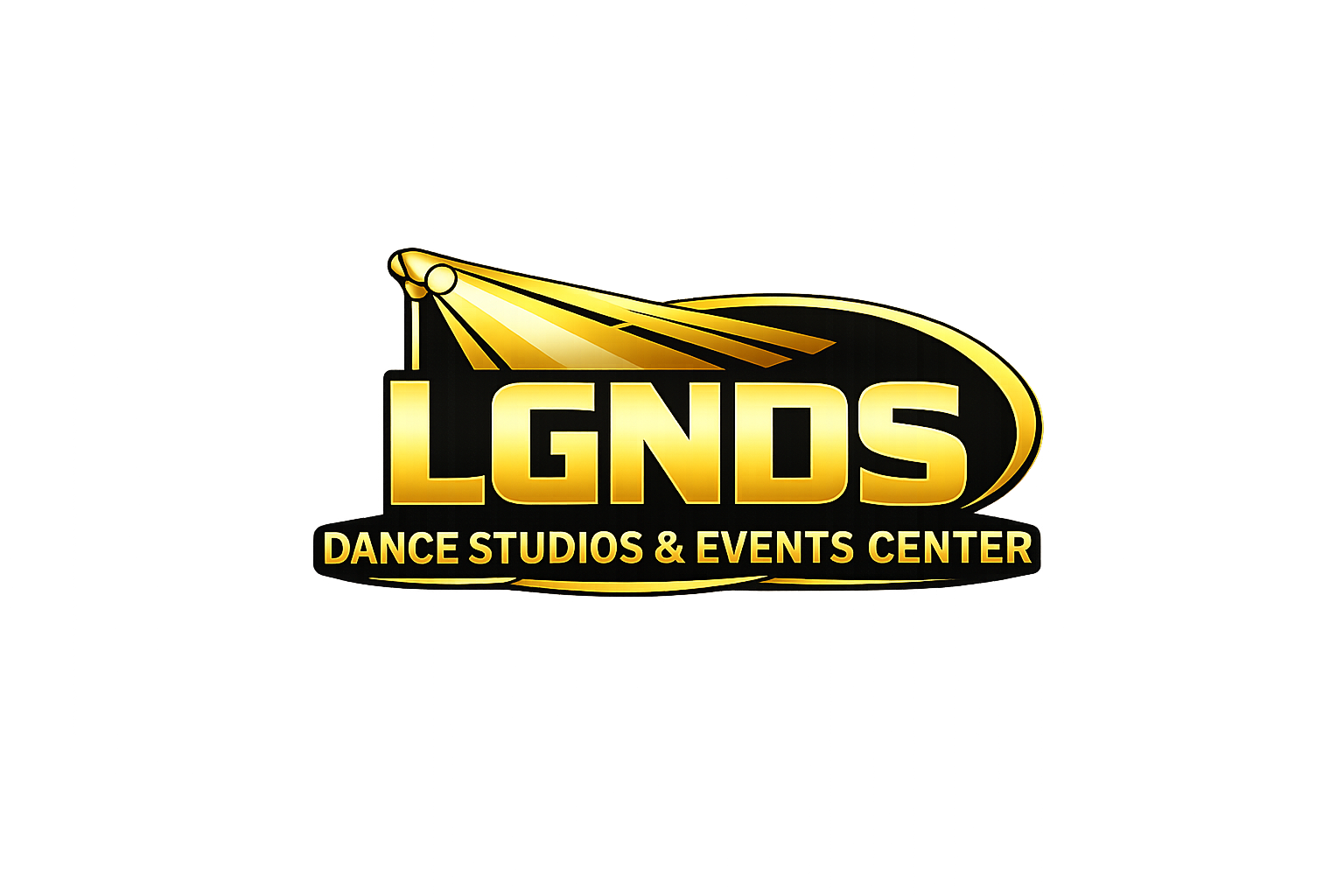 Logo for LGNS Dance Studios & Events Center with gold and black design featuring spotlights and a curved swoosh.