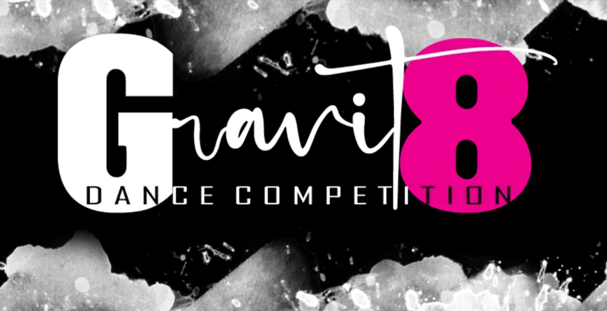 Logo for the Graft 8 Dance Competition featuring large white and pink numbers and stylized text on a black and white abstract background.
