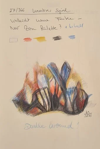 Farbpalette weiß, rot, ocker, schwarz und kobalt