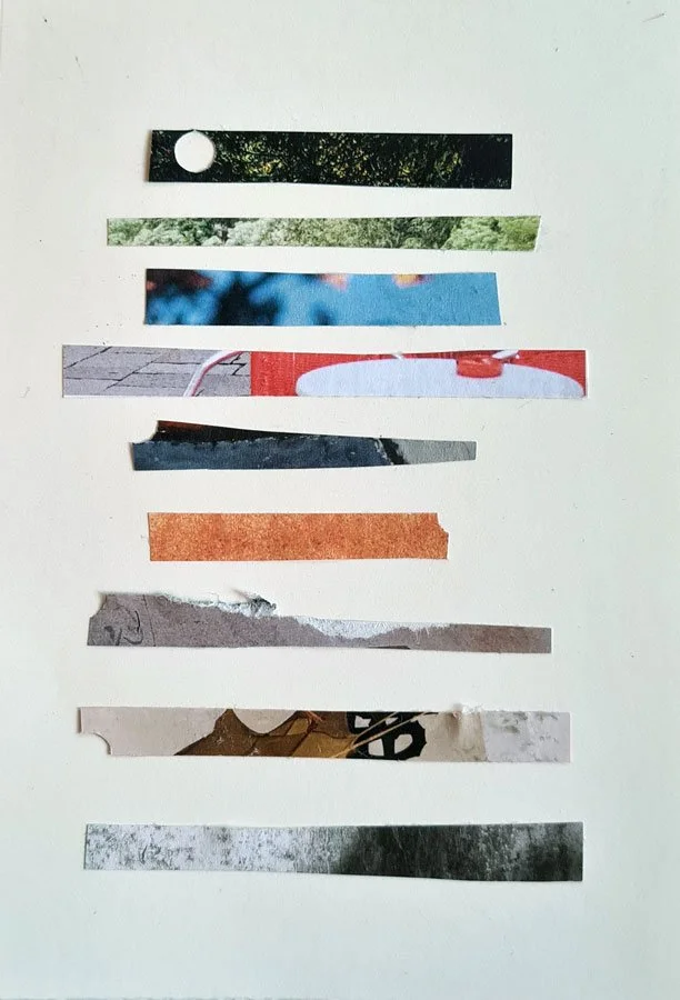 farbschnipsel in waldgrün, himmelblau, koralle, grau und natürlichen Neutraltönen