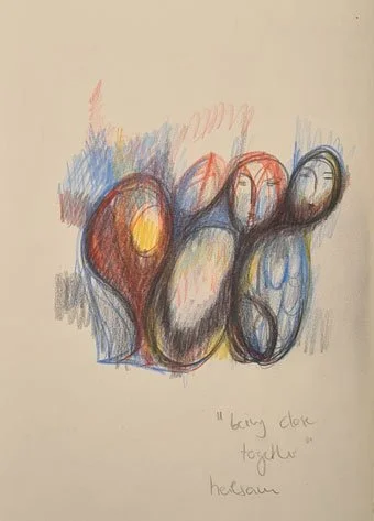 Zeichnung zwei Figuren lehnen sich aneinander