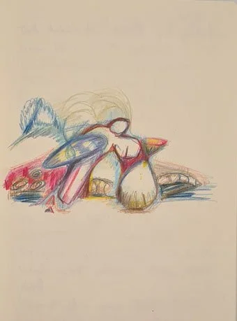 Zeichnung mit abstrakter Figur, die ein Schutzschild hält