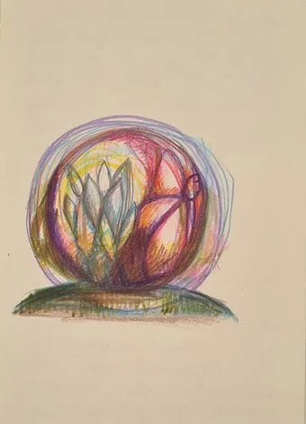 Zeichnung einer Art Schneekugel mit blüten