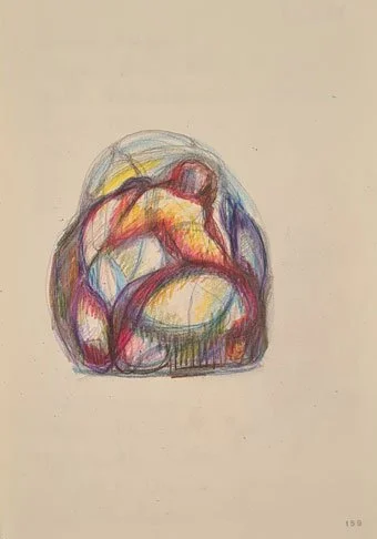 Zeichnung Mensch schaut über Mauer, oder rollt einen Stein weg