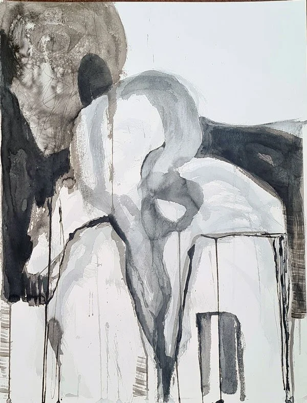 Sumi Ink Zeichnung 50 x 60 cm abstrakte Figur sitzend