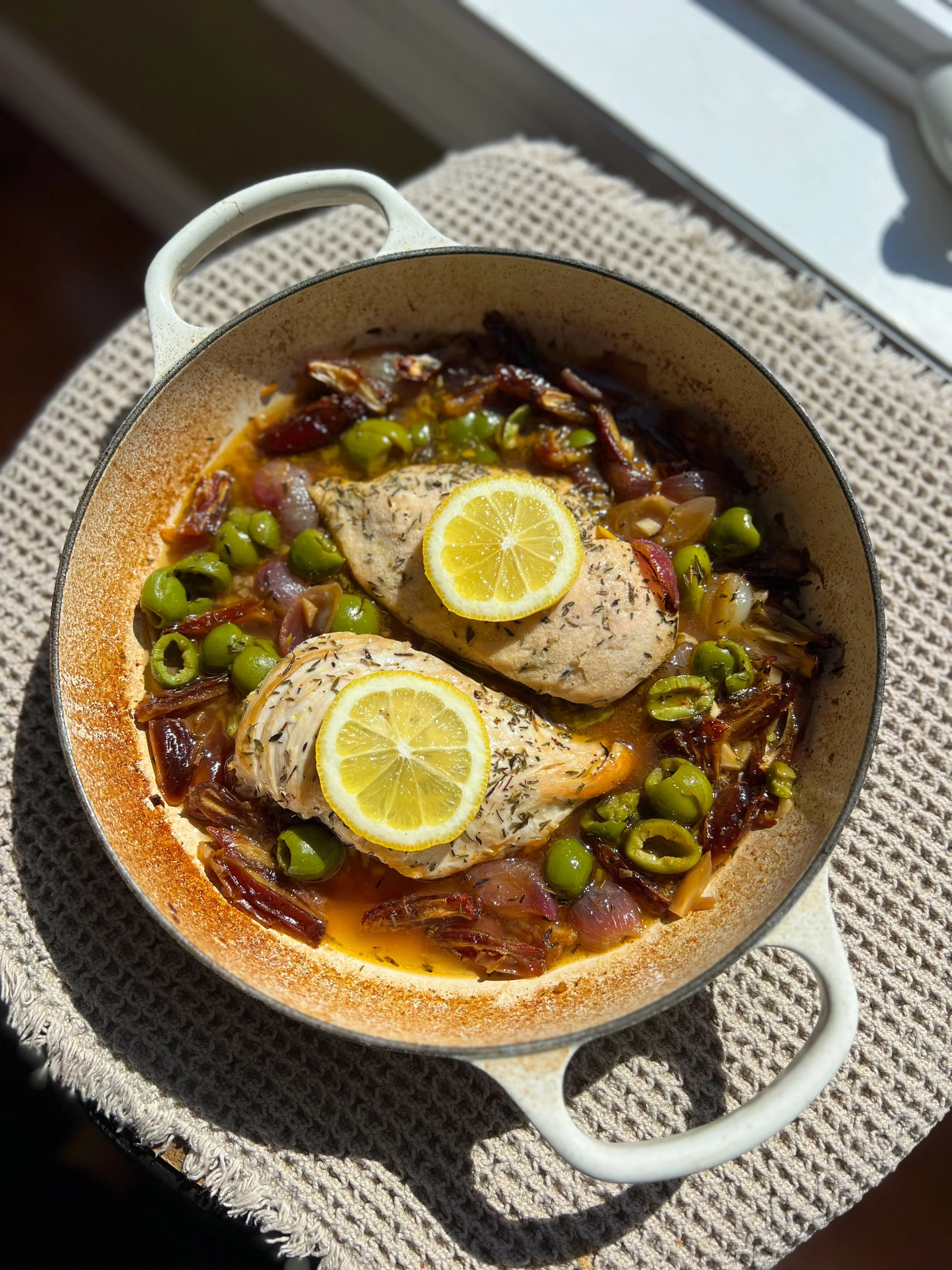 ROASTED LEMON CHICKEN WITH OLIVES +DATES. 