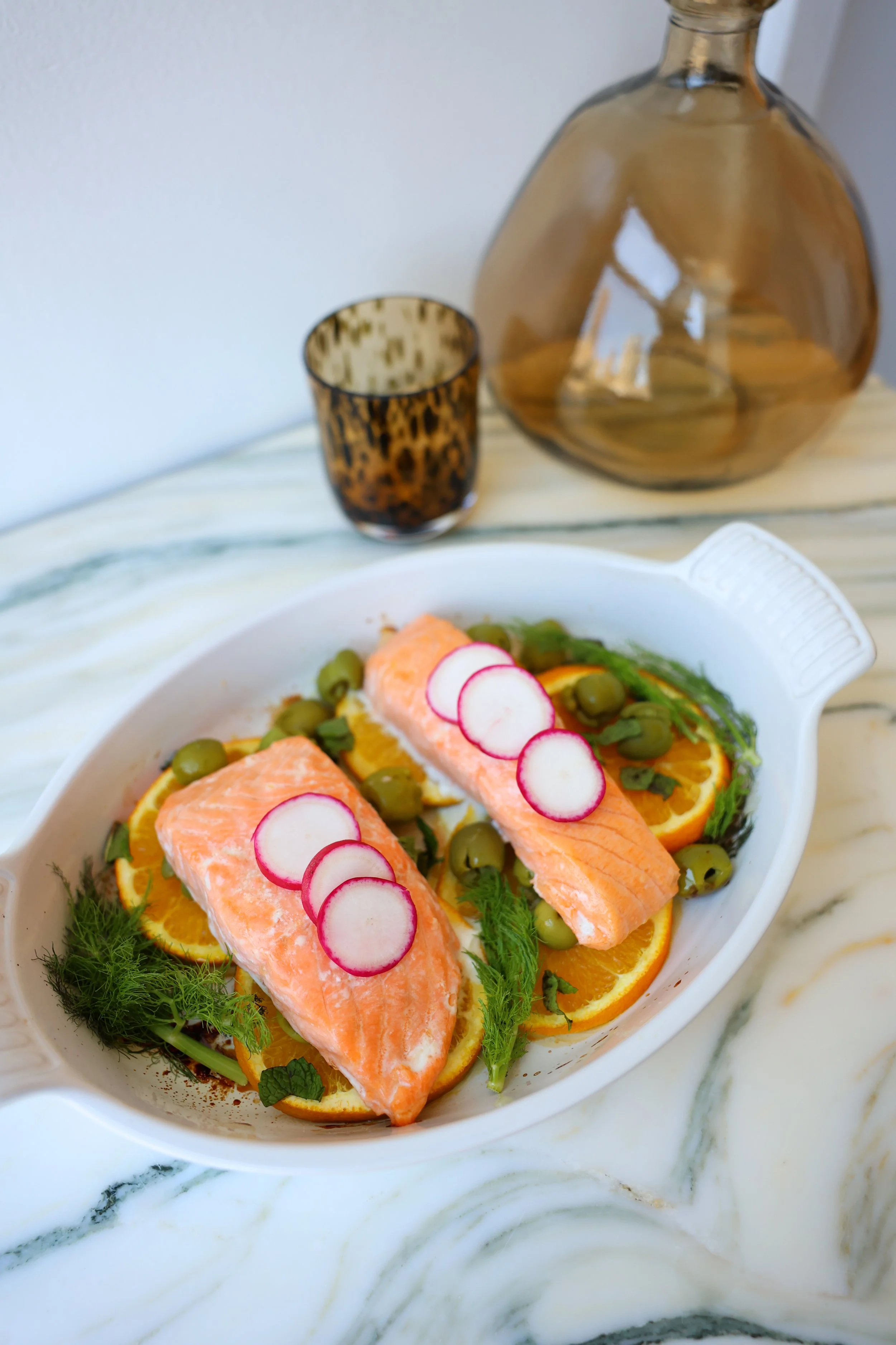 Roasted citrus salmon with olives + fennel mint salad