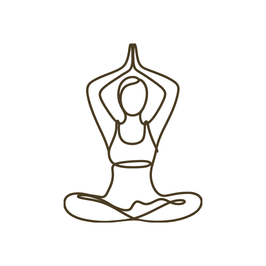Line drawing of a woman practicing yoga in a seated cross-legged pose with hands pressed together above her head.