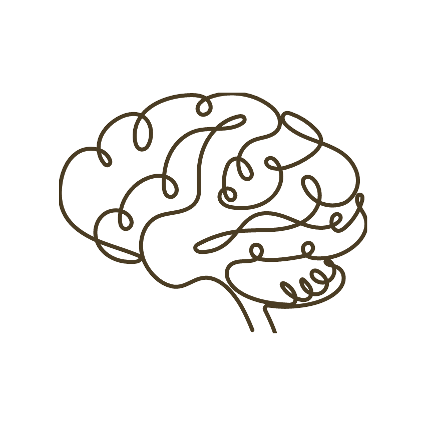 Line art illustration of a human brain on a black background.