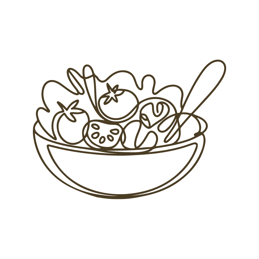 Line drawing of a bowl of salad with tomatoes, lettuce, and a fork.