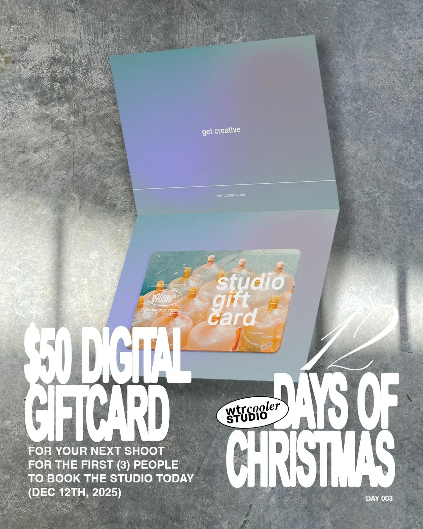 🎁DAY 003 - 12 DAYS OF CHRISTMAS

We&rsquo;re giving away $50 digital gift cards to use on your next shoot to the first (3) people who book the studio today to help keep that creativity flowing! 

🔗click the link in bio to book your next day in the 