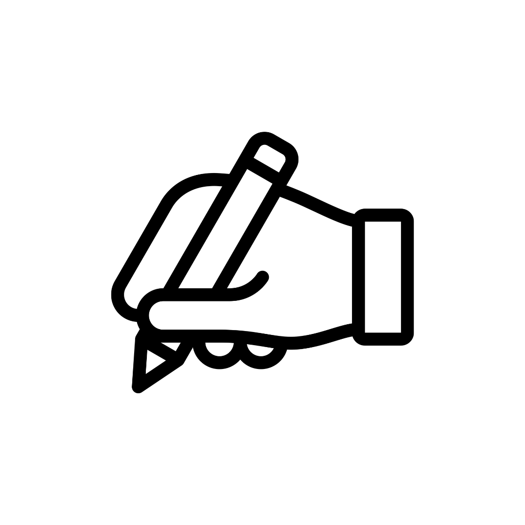Outline drawing of a hand holding a marker or pen, writing or drawing.
