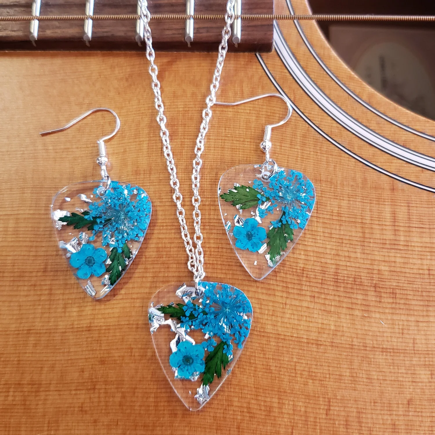 Custom Resin Flower Guitar Pick Necklace and Earrings
