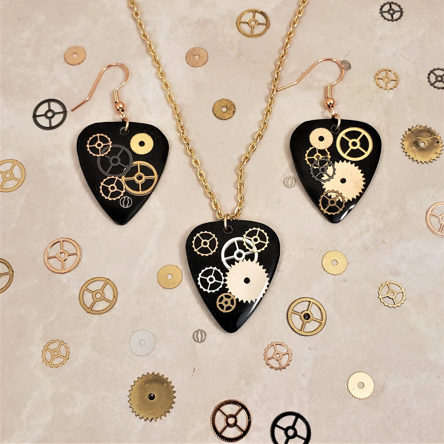 Custom Resin Gear Guitar Pick Necklace and Earrings