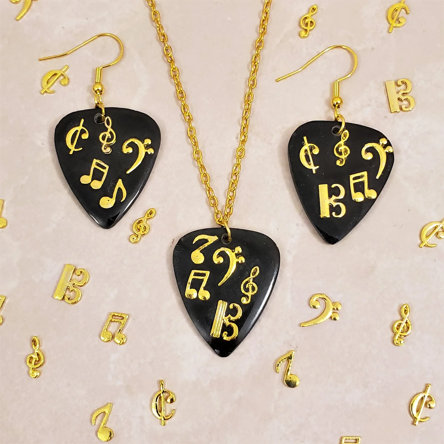 Custom Resin Music Note Guitar Pick Necklace and Earrings